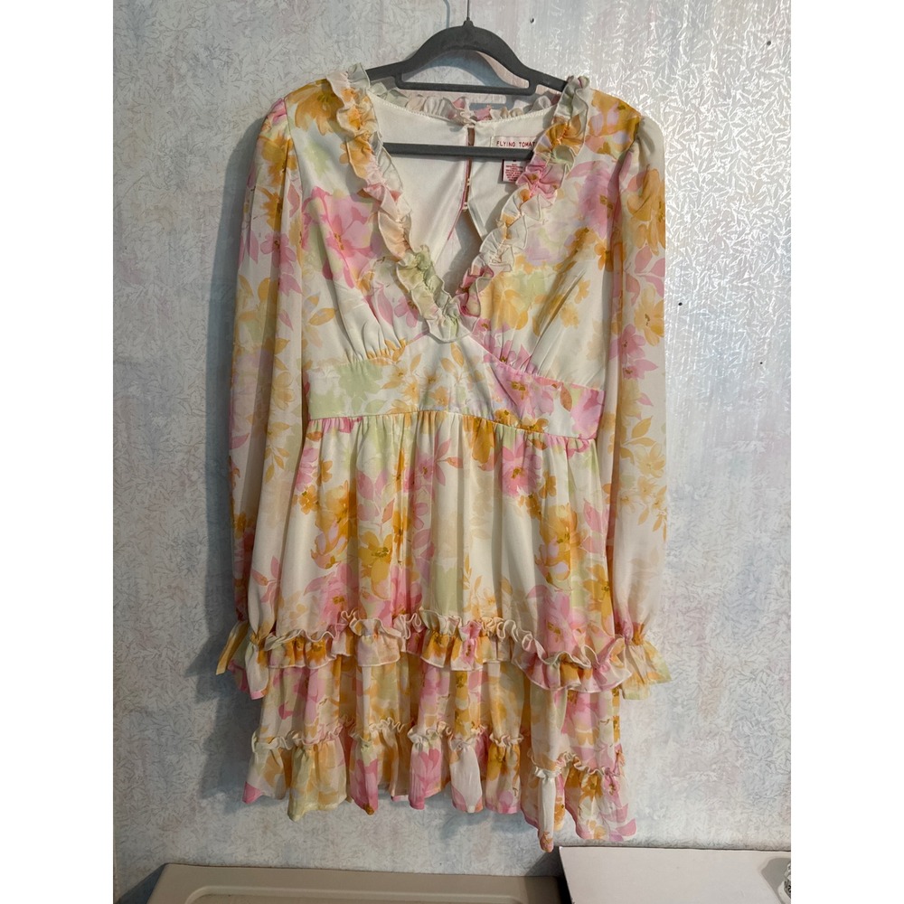 Flying Tomato Floral Ruffle Mini Dress Pink Orange Yellow Cutout Back Medium